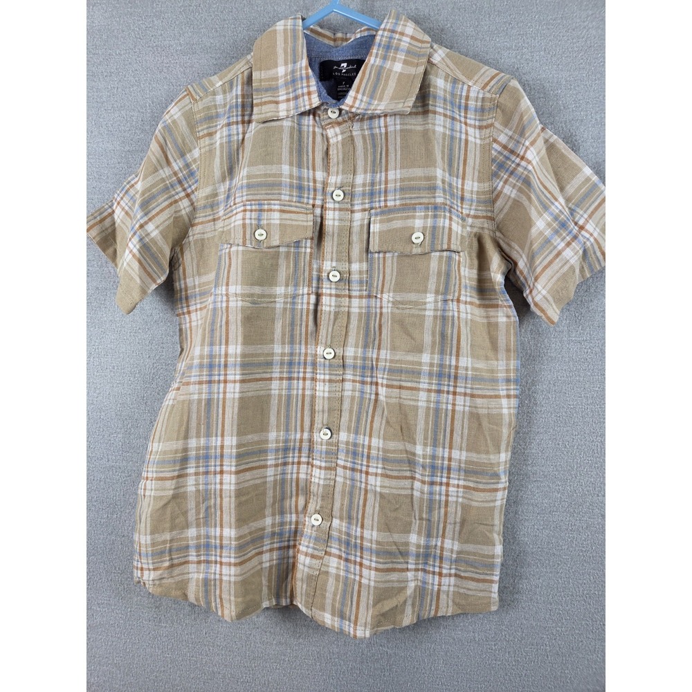 7 For All Mankind Boys 7 Linen Blend Khaki Plaid Button Up Shirt Short Sleeve